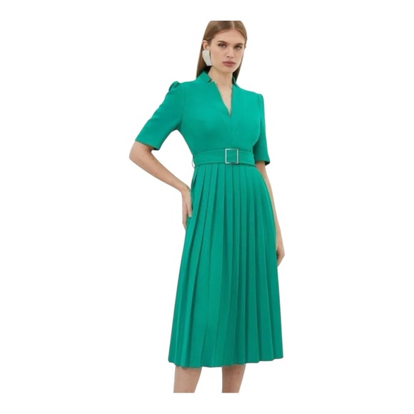 Karen Millen Tailored Structured Crepe Pleat Belted Midi Dress Size 6 NWT - Picture 1 of 6